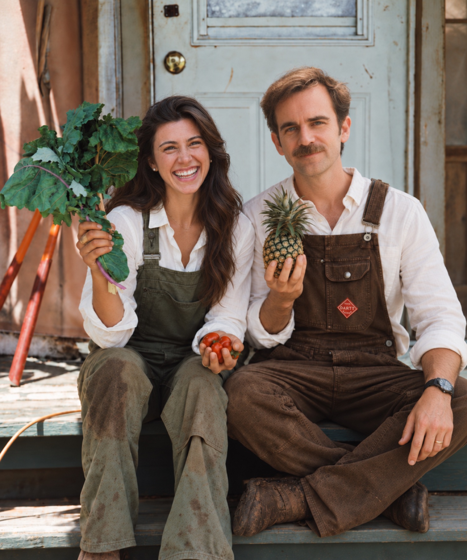 Two gardeners sitting together with freshly harvested kale, tomatoes, and a pineapple