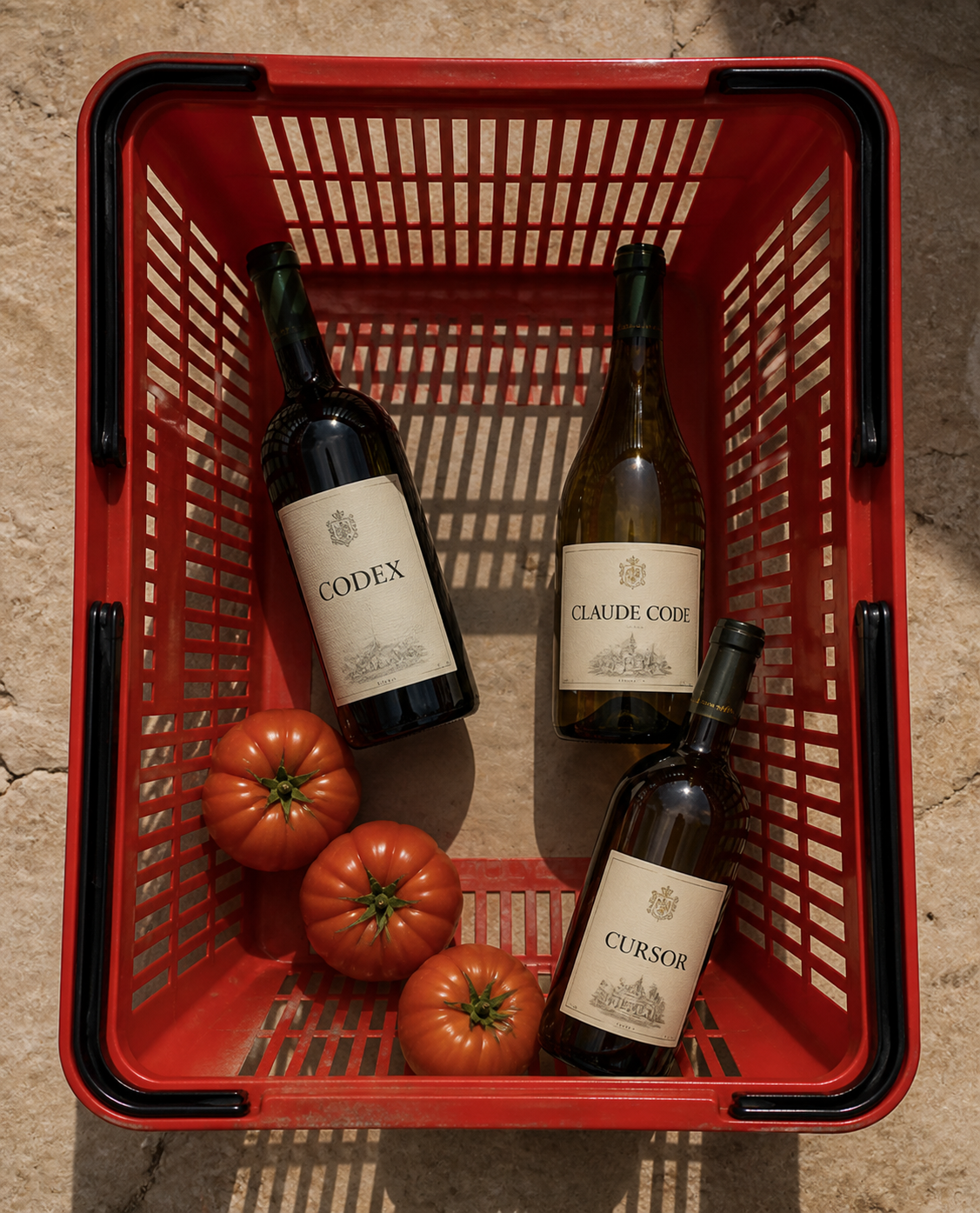 A vintage red market basket with tomatoes and wine bottles labeled Codex, Claude Code, and Cursor