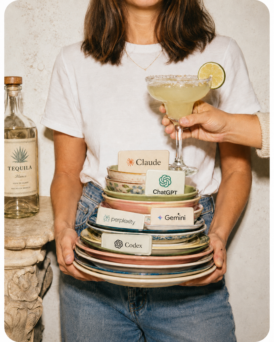 An editorial portrait blending tableware, hospitality, and modern AI tools